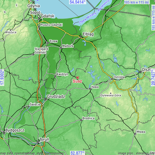 Topographic map of Susz