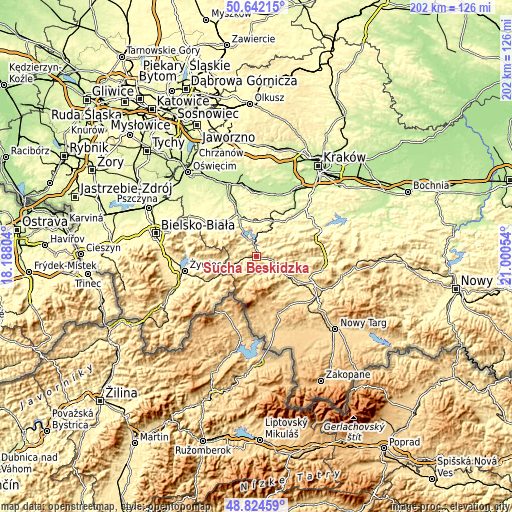 Topographic map of Sucha Beskidzka