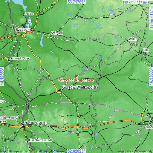 Topographic map of Strzelce Krajeńskie