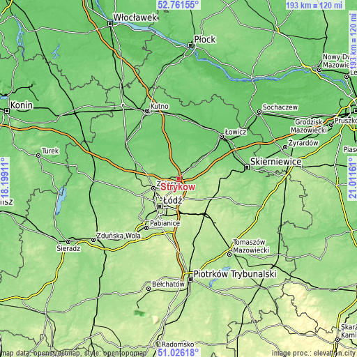 Topographic map of Stryków