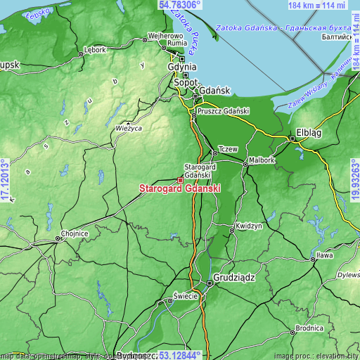 Topographic map of Starogard Gdański