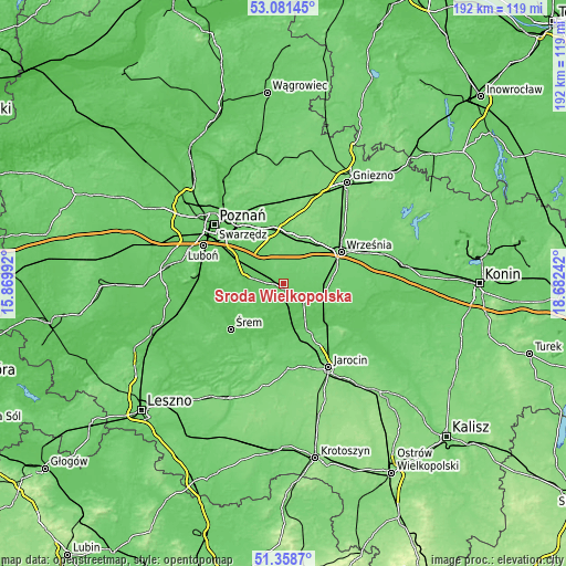 Topographic map of Środa Wielkopolska