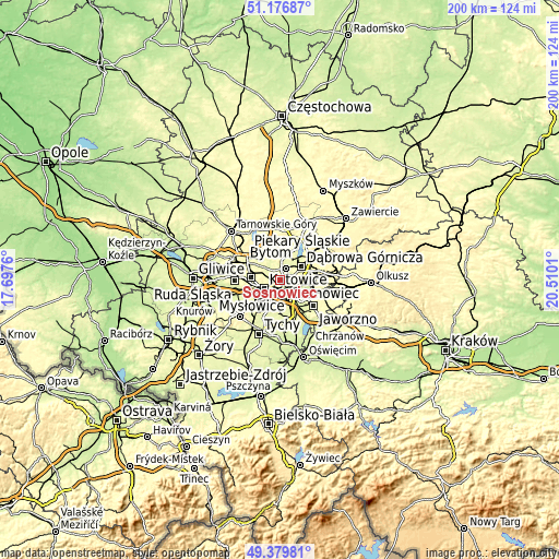 Topographic map of Sosnowiec