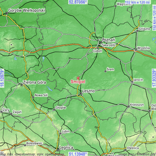 Topographic map of Śmigiel