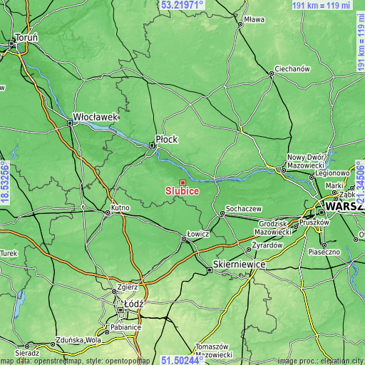 Topographic map of Słubice