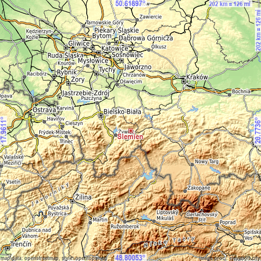 Topographic map of Ślemień