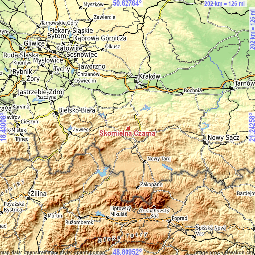 Topographic map of Skomielna Czarna