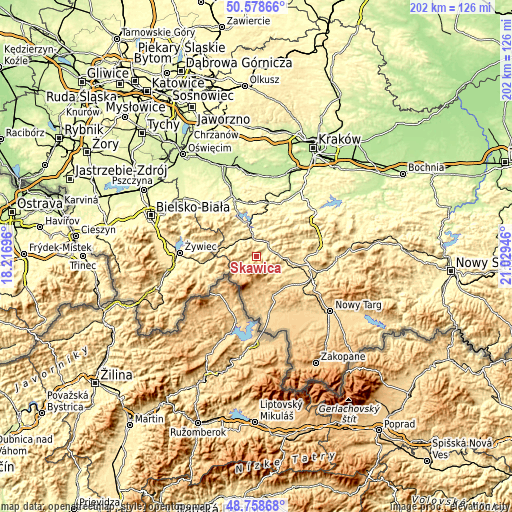 Topographic map of Skawica