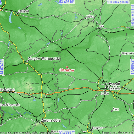 Topographic map of Sieraków