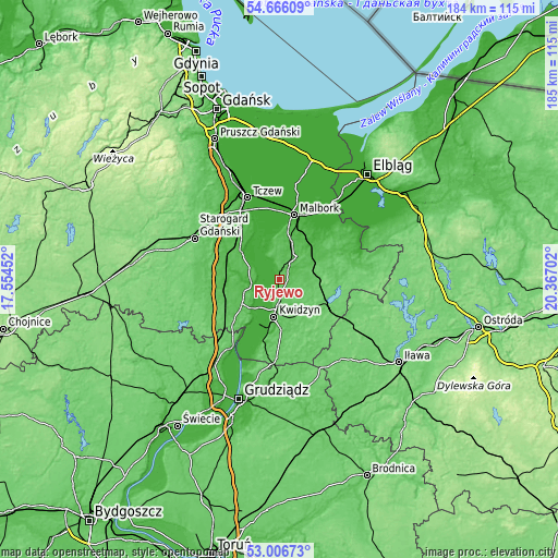 Topographic map of Ryjewo