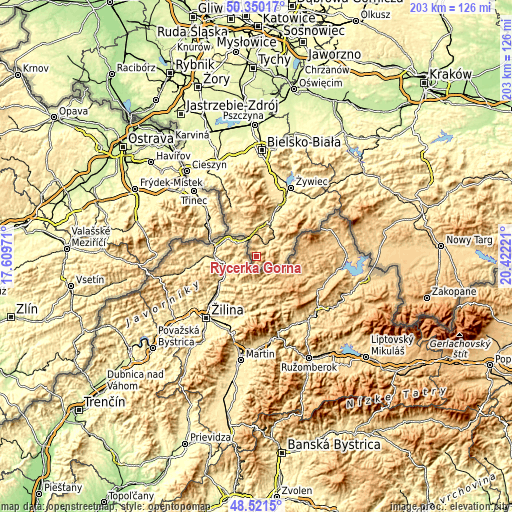 Topographic map of Rycerka Górna