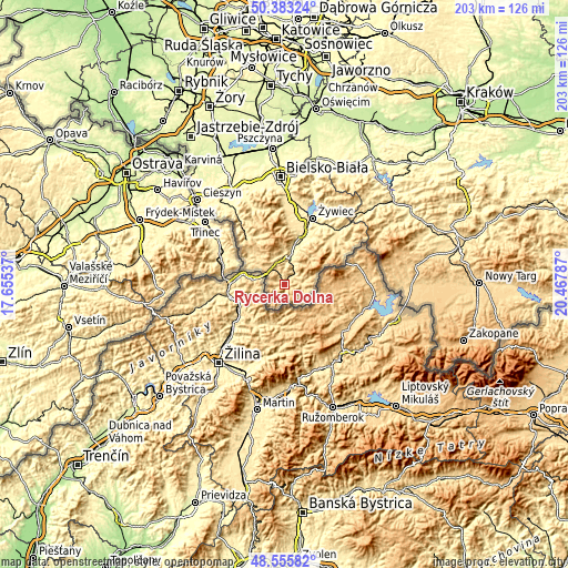 Topographic map of Rycerka Dolna