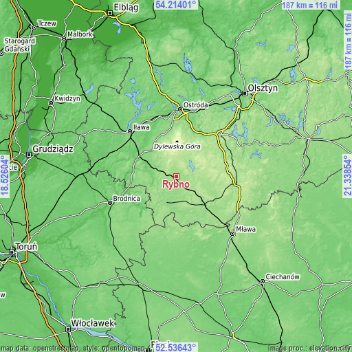 Topographic map of Rybno