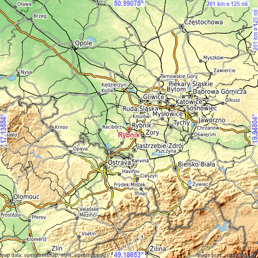 Topographic map of Rybnik