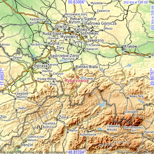 Topographic map of Rybarzowice