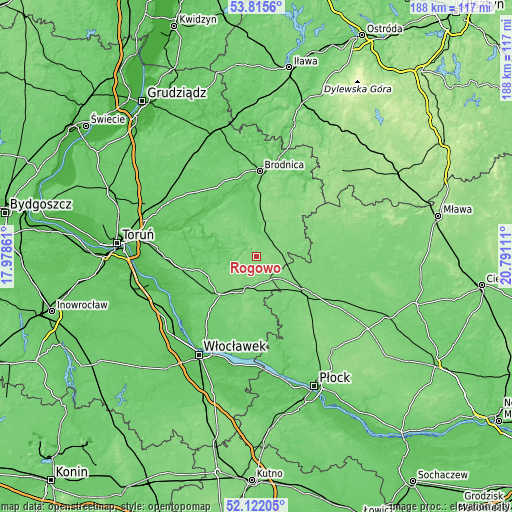 Topographic map of Rogowo