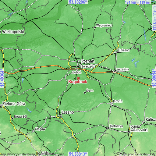 Topographic map of Rogalinek