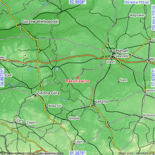 Topographic map of Rakoniewice