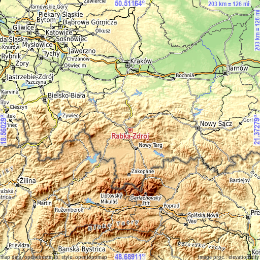 Topographic map of Rabka-Zdrój