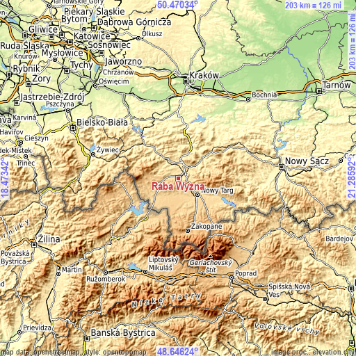 Topographic map of Raba Wyżna