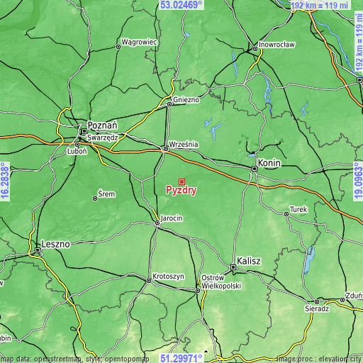 Topographic map of Pyzdry