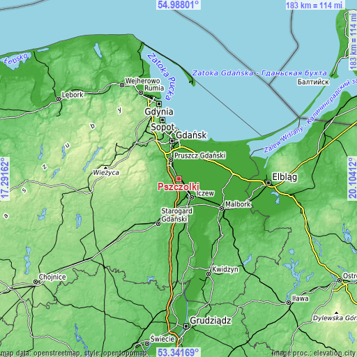 Topographic map of Pszczółki