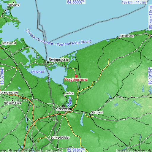 Topographic map of Przybiernów