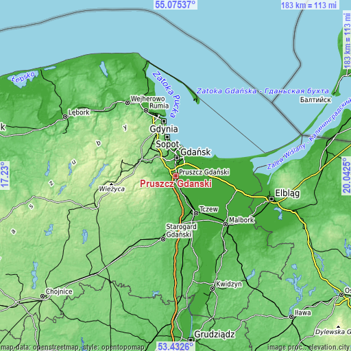 Topographic map of Pruszcz Gdański