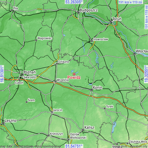 Topographic map of Powidz