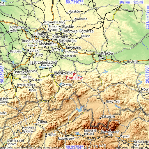 Topographic map of Ponikiew