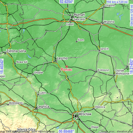 Topographic map of Poniec