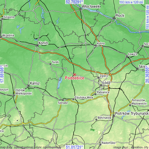 Topographic map of Poddębice