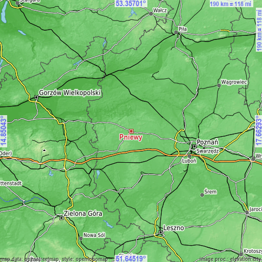 Topographic map of Pniewy