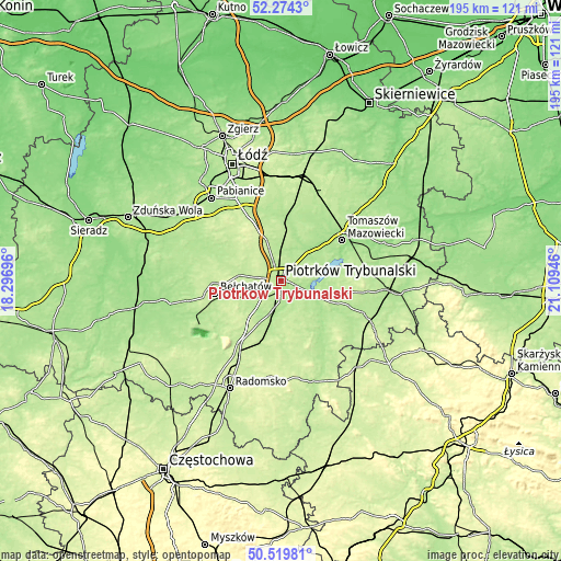 Topographic map of Piotrków Trybunalski