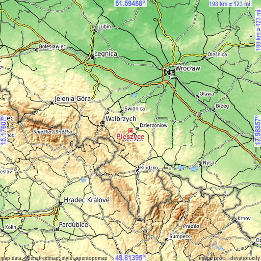 Topographic map of Pieszyce