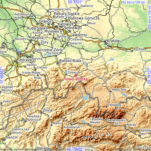 Topographic map of Pewel Wielka