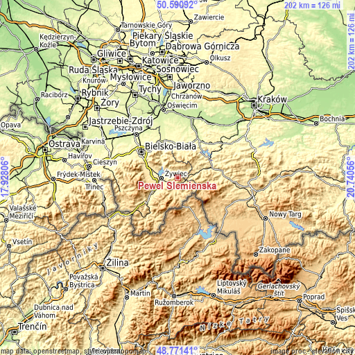 Topographic map of Pewel Ślemieńska