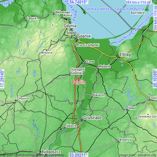 Topographic map of Pelplin