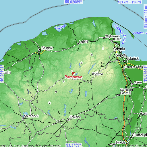 Topographic map of Parchowo