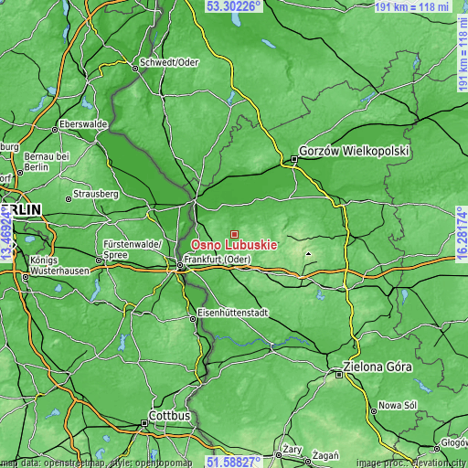 Topographic map of Ośno Lubuskie