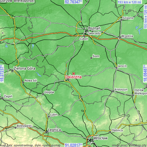 Topographic map of Osieczna