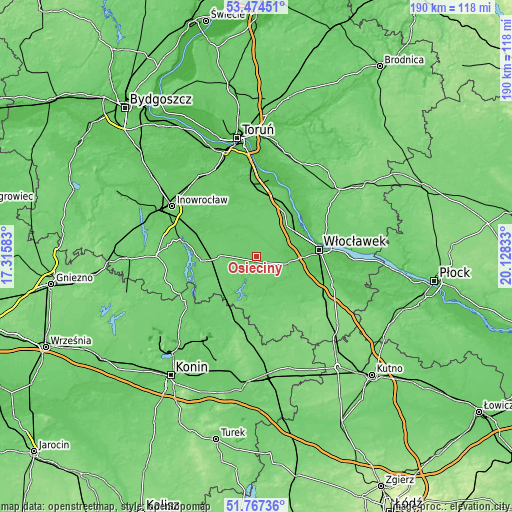 Topographic map of Osięciny