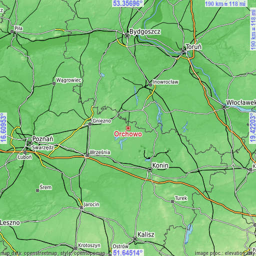 Topographic map of Orchowo