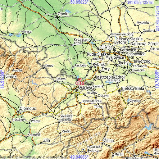 Topographic map of Olza