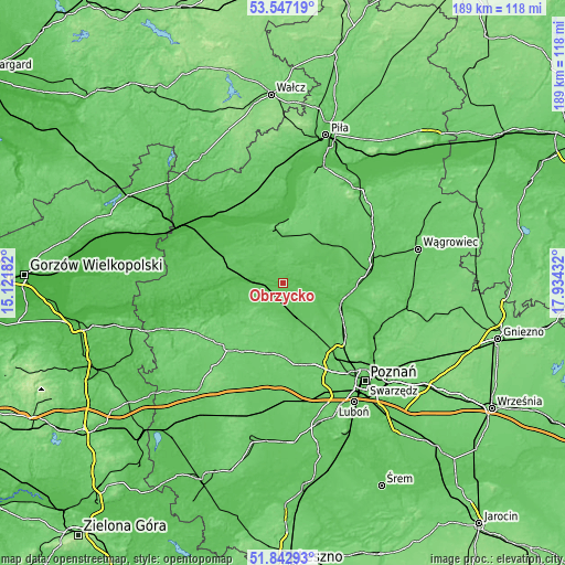 Topographic map of Obrzycko