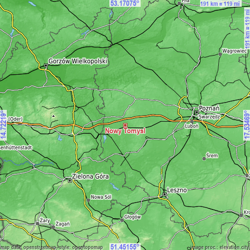 Topographic map of Nowy Tomyśl