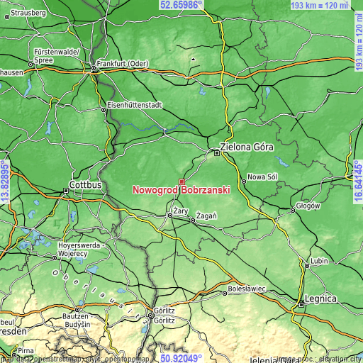 Topographic map of Nowogród Bobrzański