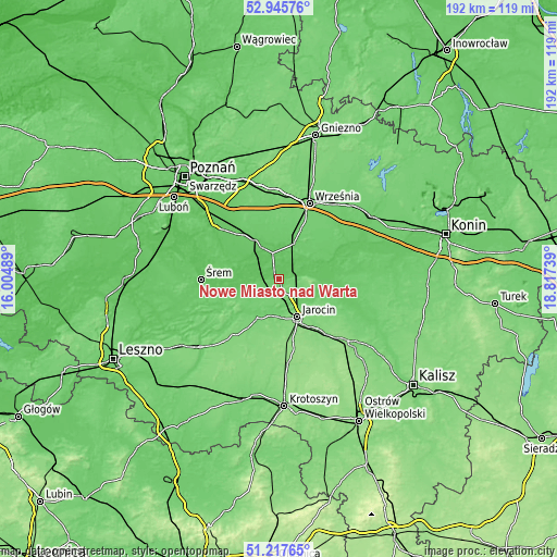 Topographic map of Nowe Miasto nad Wartą