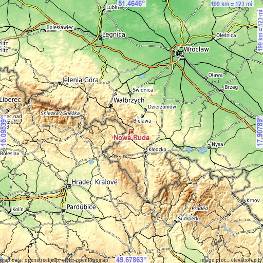 Topographic map of Nowa Ruda
