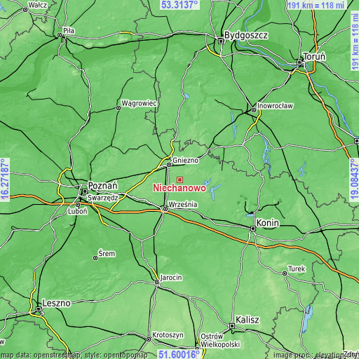 Topographic map of Niechanowo